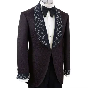 High Quality Men’s Single Breasted V neck Jacquard Blazer Tuxedo Suit Slim Fitted Beaded Plus Size Breathable Anti Wrinkle