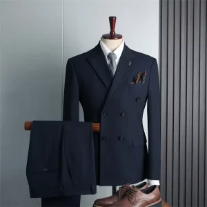High Quality Striped Elastic TR Double Six Buttons Breasted Peaked Lapel Single Vent Blazer Slim Pant 2-Piece Men’s Suit