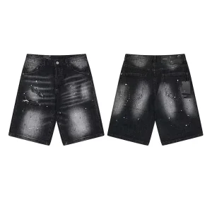 High Street Breathable Light Wash Men’s Vintage Denim Shorts Custom High Quality Ripped Patchwork Jeans Whisker Jorts