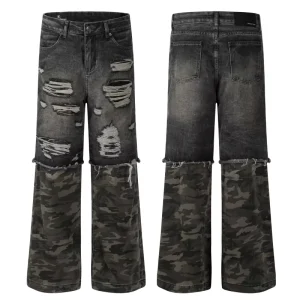 High Street Camouflage Patchwork Wide Leg Pants Washed Denim Trousers Ripped Holes for Male Men’s Distressed Jeans