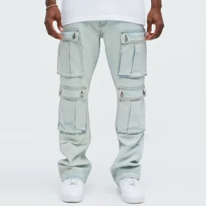 High Street Light Blue Wash Men’s Cargo Flare Jeans Solid Pattern Wide Leg Casual Button Denim Trousers ODM Supply