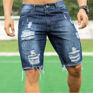 High Street Men’s Retro Ripped Shorts Slim Fit Denim Fashion Jeans for Summer Casual Style Mid Waist Light Colored Knitted Weave