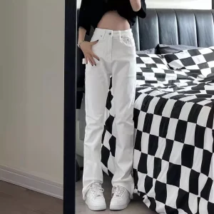 High Street Straight Slim White Denim Solid Washed Men’s Casual Jeans Slimming Tall Trousers