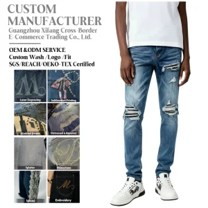 High Street Y2K Winter Men’s Pencil Jeans Stonewashed Ripped PU Panel Heavy Denim Factory Supply Custom