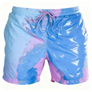 High Waist Men’s Sports Board Shorts Quick Dry Temperature Sensitive Swim Trunks with Color Changing Feature