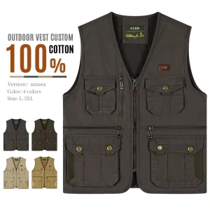 High end Quality Men’s Vest 100% cotton Multi pockets Vest for Outdoor Fishing Climbing Support Custom logo