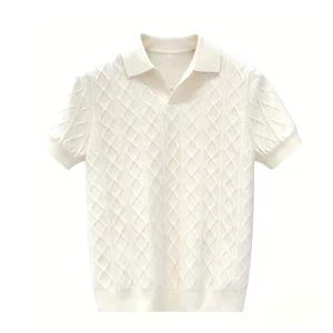 High quality Retro Diamond Textured Knit Polo Breathable Casual Daily Oversized Comfort Knitwear Men’s T Shirt