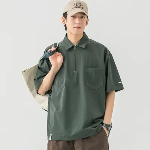 Hiking Workwear Polo Shirt Quick Dry Half Zip Short Sleeve Loose Fit Mountain Style Casual Polo T Shirt with Pockets