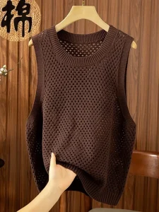 Hollow Out Knit Vest Men’s Breathable Mesh Sleeveless Sweater 100% Cotton Crew Neck Loose Fit Summer Knitwear for Men