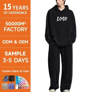 Hoodies Custom Men’s 100% Cotton Knitted Breathable Hooded Sweatshirt Pants Suit Washed Casual 500g for Autumn