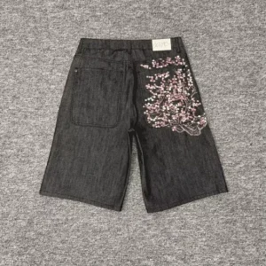 Hot Selling Floral Embroidered Men’s Denim Shorts Acid Washed Loose Pants Designer Denim Jeans Shorts for Men