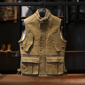 Hunter Outdoor Sports Sleeveless Coats Vintage Cowhide Goatskin Genuine Leather Utility Men’s Cowhide Vests Waist
