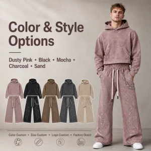 IKDEER Men’s Winter Custom Acid Wash Distressed Rhinestones Pearls Jogging Set Printing Tracksuit Hoodie Leg Flared Double Waist