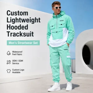 IKDEER Summer Eco-Friendly Waterproof Windproof Custom Logo Multi-Pocket Nylon Jogger Tracksuit Set 2-Piece Men’s Clothing