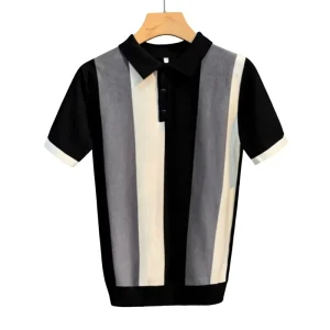Ice Silk Striped Lapel Short Sleeve Knitwear Men’s Casual Top Machine Washable