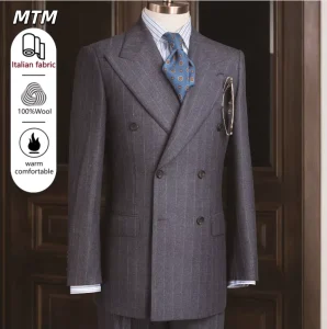 Italian Fabric Wool Striped Men’s Double Breasted Suit MTM Suit Jacket Blazer Supply