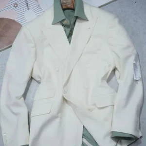 Italian STB Woolen White Double Breasted V neck Men’s Blazer Tailored Fit Half Canvas Shell Buttons