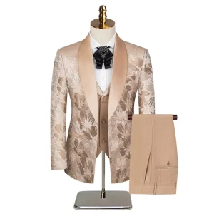 Jacquard Printed Tuxedo Wedding Dress 1 Button Single Breasted Shawl Lapel Blazer Straight Pant Vest 3 Piece Men’s Suit