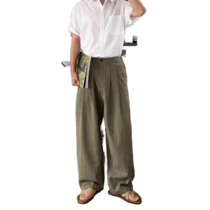 Japanese Trend Lightweight Casual Pants for Men Straight Leg Polyester Loose Straight Leg Long Trousers Men Clothing Pantalons