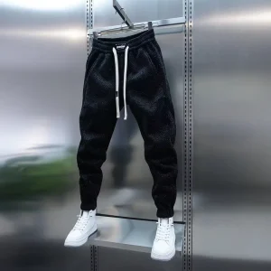 Japanese and Korean Styles Men’s Textured Jogger Pants Drop Crotch Tapered Trousers with Drawstring Waist