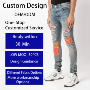 Jeans Factory Custom Bandana Artpatch Skinny Jeans Vintage Slim Fit Men’s Ripped Distressed Summer Denim Pants