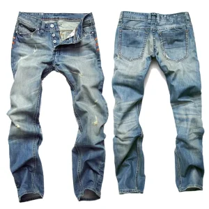 Jeans Men Business Casual Male Denim Pants Straight Slim Fit Dark Blue Men’s Trousers