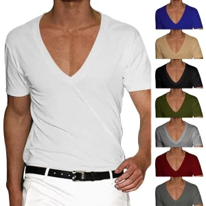 Knitted Men’s T Shirt Pure Cotton Slim Fit Short Sleeve V Neck Solid Dyed Blue Black Custom Size Casual Style for Spring