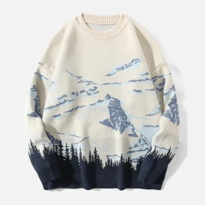 Knitwear Manufactured Custom Sweater Men Jacquard Landscape Mountain Drop Loose Pullover Knitted Sweaters Men