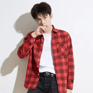 Korean Casual Breathable Yarn Dyed Spring Eco-Friendly Cotton Plaid Long-Sleeve Shirts for Men Single Pocket