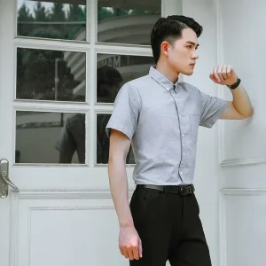 Korean Fashion Men’s Summer Short Sleeve Shirts 100% Cotton Oxford Breathable Casual White Clothing ODM Supply