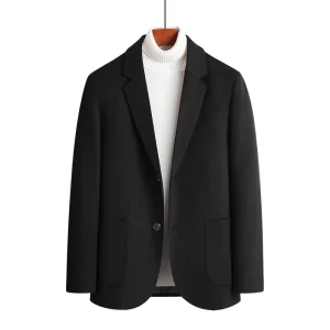 Korean Men’s Casual Blazer, Autumn Wool Coat, Slim Suit Jacket, Black Cashmere Coat