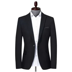 Korean Style Men’s Casual Slim Fit Single Breasted V neck Flat Front TR Blazer Black with Breathable Feature