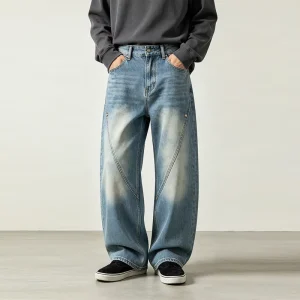 LTD MTR1016 Curved Seam Denim Pants Baggy Wide Leg Jeans Light Wash Contrast Stitching Private Label Supplier