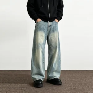 LTD MTR1018 Light Wash Denim Jeans Baggy Wide Leg Pants Faded Finish Contrast Stitching Custom Jeans Manufacturer