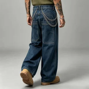 LTD MTR1022 Dark Wash Baggy Jeans Chain Detail Back Patch Pocket Denim Pants Streetwear Denim Manufacturer