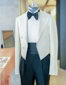 Latest Bespoke Double Breasted Long Men’s Ivory Italian Style 100% Wool Suits Custom Made Wedding Blazer Stone Tuxedos Costume