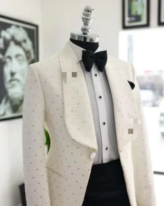 Latest Bespoke Shawl Lapel Men’s Ivory Suits Custom Made Wedding Blazer Stone Tuxedos Costume 3 Pieces Skinny Men Suit