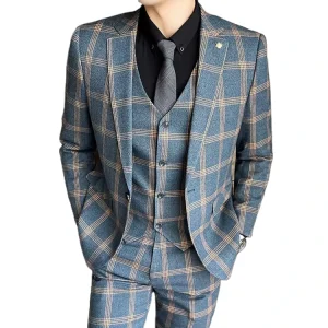 Latest Design Men Suits Groom Suit for Stylish Men’s Plaid Casual Blazers 3 Piece Coat Pant Men Suit