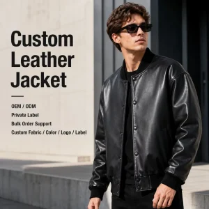 Leather Jacket Black Stand Collar Snap Front Rib Cuff Smooth Sheen Panel Mens Short Minimal Zipless Bomber Jacket