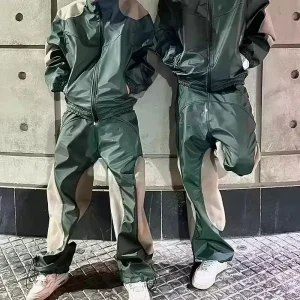 Leather Track Suit Custom Two Piece Cargo Men Outfits Windbreaker Retro Leather Zip Up Tracksuit
