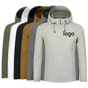 Lightweight Breathable Stretch Ripstop Fabric Men’s Waterproof Rain Coat Jacket Stand Collar Zipper Solid