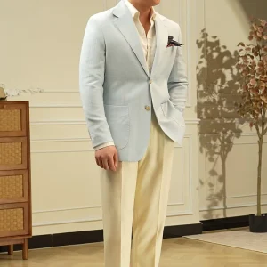 Lightweight Linen Tencel Blend Casual Jacket Patch Pocket Two Button Single Breasted Notch Lapel Men’s Blazer for Summer