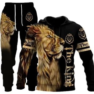 Lion Tiger 3D Digital Print 100% Bamboo Fiber Streetwear Hooded Sweatshirt Spring Autumn Men’s Set