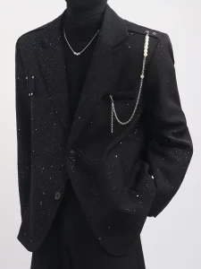 Long Beaded Pearl Chain Black Men’s Plus Size Spring Autumn Loose Casual Suit Jacket