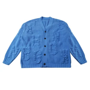 Long Sleeve Knit Jacquard Letter Cardigan Sweater V Neck Men’s Fashion Knit Sweater