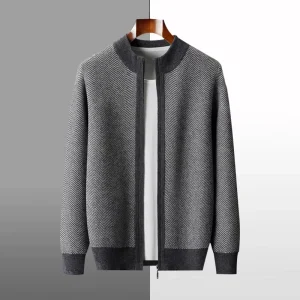 Low MOQ New Design Custom Wool Sweater Color Block Zipper Winter Soft Versatile Mens Cardigans 100%wool Knitted Coat