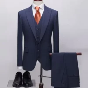 Luxury 3-Piece Men’s Tuxedo Wedding Suit Flat Front Anti-Wrinkle Polyester Rayon Slim Fit Business Office Wear Blazer Pants Vest