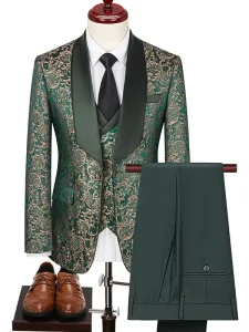 Luxury Jacquard Brocade Men’s Suit 3-Piece Set Emerald Green Gold Pattern Slim Fit Formal Wedding Prom Blazer Vest Pants