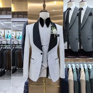 Luxury Men’s White Slim Fit 3 Piece Suit Black Shawl Lapel Blazer One Button Jacket Pants Vest for Weddings Plus Size Breathable