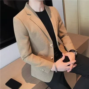 M-4XL Men’s Slim Korean Style Waffle Blazer Casual Business Autumn Jacket with Single Breasted Closure Flat Front Style